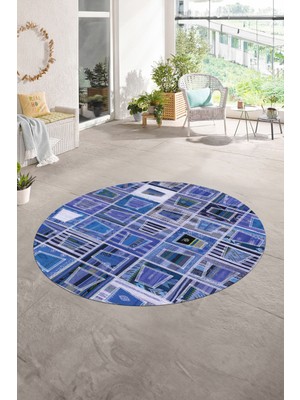 Napoli Home Dijital Kaymaz Yıkanabilir Patchwork Yuvarlak Balkon Mutfak Salon Halısı, N-Y-Patchwork-11-Mavi,