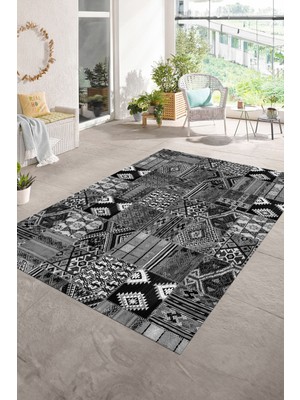 Napoli Home Dijital Baskı Kaymaz Taban Yıkanabilir Patchwork Yolluk Mutfak Salon Halısı, N-Patchwork-06-Gri,