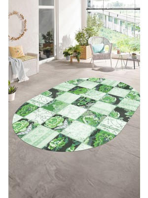Napoli Home Dijital Kaymaz Yıkanabilir Patchwork Oval Yolluk Mutfak Salon Halısı, N-O-Patchwork-19-Yeşil,