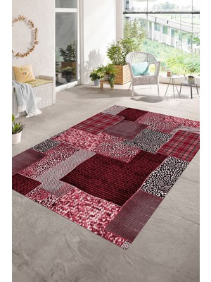 Napoli Home Dijital Baskı Kaymaz Taban Yıkanabilir Patchwork Yolluk Mutfak Salon Halısı, N-Patchwork-15-Kırmızı,