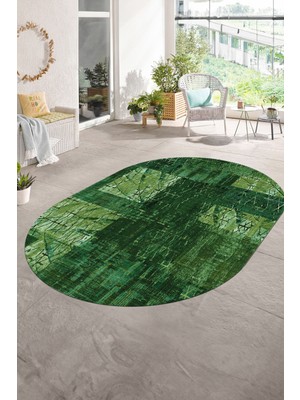 Napoli Home Dijital Kaymaz Yıkanabilir Patchwork Oval Yolluk Mutfak Salon Halısı, N-O-Patchwork-05-Yeşil,