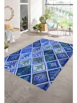 Napoli Home Dijital Baskı Kaymaz Taban Yıkanabilir Patchwork Yolluk Mutfak Salon Halısı, N-Patchwork-08-Mavi,