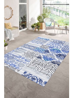 Napoli Home Dijital Baskı Kaymaz Taban Yıkanabilir Patchwork Yolluk Mutfak Salon Halısı, N-Patchwork-02-Mavi,