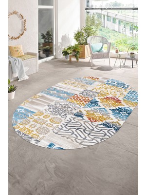Napoli Home Dijital Kaymaz Yıkanabilir Patchwork Oval Yolluk Mutfak Salon Halısı, N-O-Patchwork-02-Renkli,