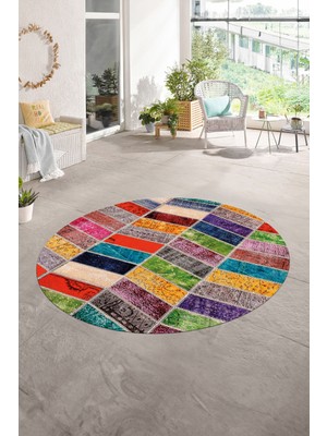 Napoli Home Dijital Kaymaz Yıkanabilir Patchwork Yuvarlak Balkon Mutfak Salon Halısı, N-Y-Patchwork-10-Renkli,