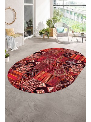 Napoli Home Dijital Kaymaz Yıkanabilir Patchwork Oval Yolluk Mutfak Salon Halısı, N-O-Patchwork-06-Kırmızı,