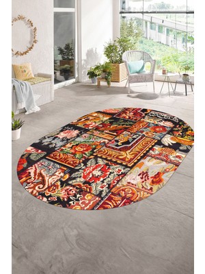 Napoli Home Dijital Kaymaz Yıkanabilir Patchwork Oval Yolluk Mutfak Salon Halısı, N-O-Patchwork-12-Renkli,