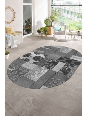 Napoli Home Dijital Kaymaz Yıkanabilir Patchwork Oval Yolluk Mutfak Salon Halısı, N-O-Patchwork-16-Gri,