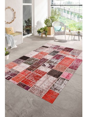 Napoli Home Dijital Baskı Kaymaz Taban Yıkanabilir Patchwork Yolluk Mutfak Salon Halısı, N-Patchwork-03-Kırmızı,