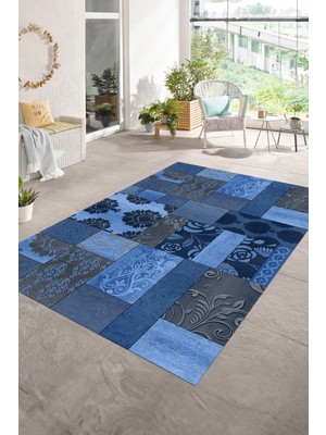 Napoli Home Dijital Baskı Kaymaz Taban Yıkanabilir Patchwork Yolluk Mutfak Salon Halısı, N-Patchwork-16-Mavi,