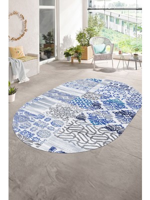 Napoli Home Dijital Kaymaz Yıkanabilir Patchwork Oval Yolluk Mutfak Salon Halısı, N-O-Patchwork-02-Mavi,