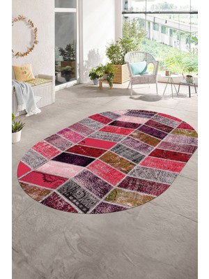 Napoli Home Dijital Kaymaz Yıkanabilir Patchwork Oval Yolluk Mutfak Salon Halısı, N-O-Patchwork-10-Kırmızı,