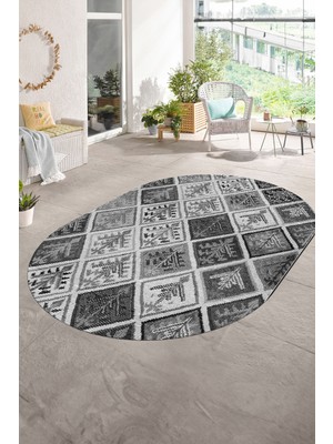 Napoli Home Dijital Kaymaz Yıkanabilir Patchwork Oval Yolluk Mutfak Salon Halısı, N-O-Patchwork-08-Gri,