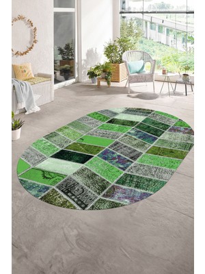 Napoli Home Dijital Kaymaz Yıkanabilir Patchwork Oval Yolluk Mutfak Salon Halısı, N-O-Patchwork-10-Yeşil,