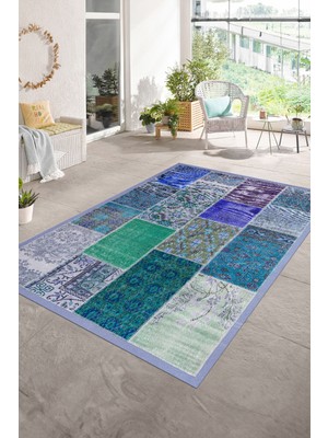 Napoli Home Dijital Baskı Kaymaz Taban Yıkanabilir Patchwork Yolluk Mutfak Salon Halısı, N-Patchwork-01-Mavi,