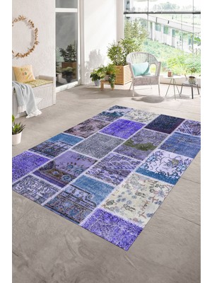 Napoli Home Dijital Baskı Kaymaz Taban Yıkanabilir Patchwork Yolluk Mutfak Salon Halısı, N-Patchwork-04-Mavi,