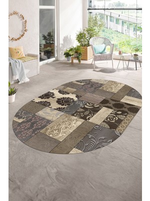 Napoli Home Dijital Kaymaz Yıkanabilir Patchwork Oval Yolluk Mutfak Salon Halısı, N-O-Patchwork-16-Vizon,