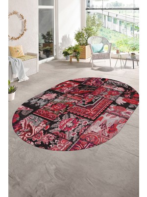 Napoli Home Dijital Kaymaz Yıkanabilir Patchwork Oval Yolluk Mutfak Salon Halısı, N-O-Patchwork-12-Kırmızı,