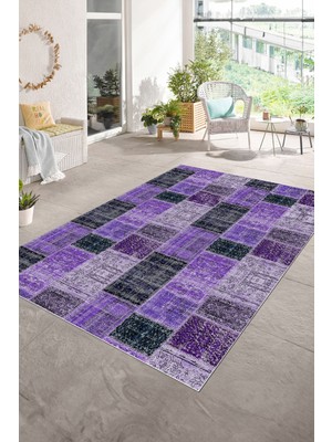 Napoli Home Dijital Baskı Kaymaz Taban Yıkanabilir Patchwork Yolluk Mutfak Salon Halısı, N-Patchwork-07-Mor,