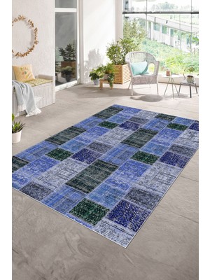 Napoli Home Dijital Baskı Kaymaz Taban Yıkanabilir Patchwork Yolluk Mutfak Salon Halısı, N-Patchwork-07-Mavi,