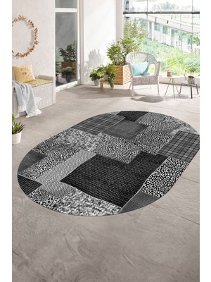 Napoli Home Dijital Kaymaz Yıkanabilir Patchwork Oval Yolluk Mutfak Salon Halısı, N-O-Patchwork-15-Gri,