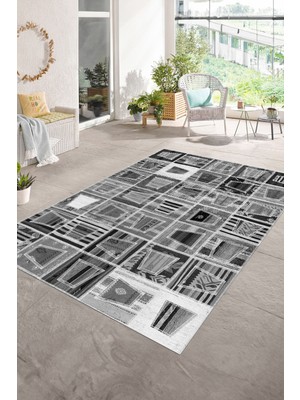 Napoli Home Dijital Baskı Kaymaz Taban Yıkanabilir Patchwork Yolluk Mutfak Salon Halısı, N-Patchwork-11-Gri,