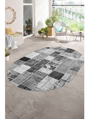 Napoli Home Dijital Kaymaz Yıkanabilir Patchwork Oval Yolluk Mutfak Salon Halısı, N-O-Patchwork-03-Gri,