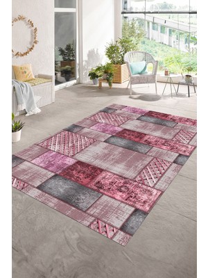 Napoli Home Dijital Baskı Kaymaz Taban Yıkanabilir Patchwork Yolluk Mutfak Salon Halısı, N-Patchwork-18-Pembe,