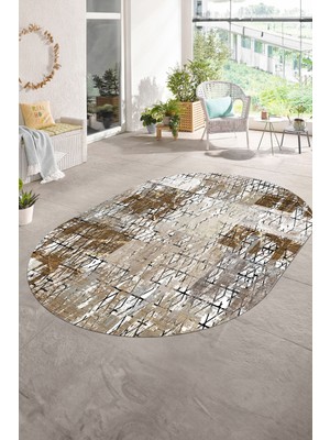 Napoli Home Dijital Kaymaz Yıkanabilir Patchwork Oval Yolluk Mutfak Salon Halısı, N-O-Patchwork-05-Kahve,