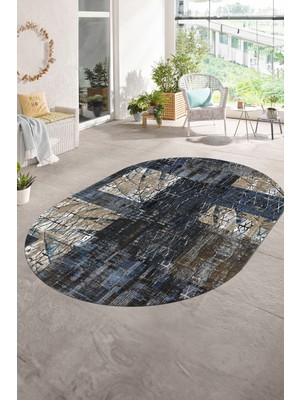 Napoli Home Dijital Kaymaz Yıkanabilir Patchwork Oval Yolluk Mutfak Salon Halısı, N-O-Patchwork-05-Mavi,