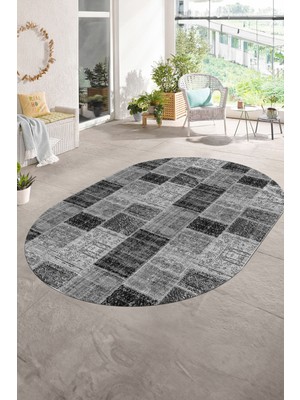 Napoli Home Dijital Kaymaz Yıkanabilir Patchwork Oval Yolluk Mutfak Salon Halısı, N-O-Patchwork-07-Gri,