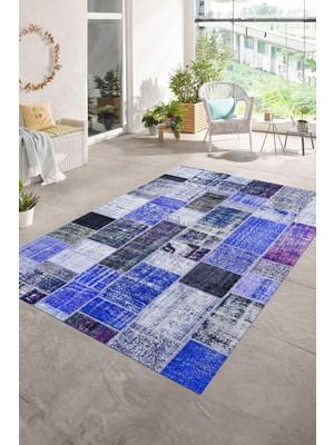 Napoli Home Dijital Baskı Kaymaz Taban Yıkanabilir Patchwork Yolluk Mutfak Salon Halısı, N-Patchwork-03-Mavi,
