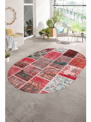 Napoli Home Dijital Kaymaz Yıkanabilir Patchwork Oval Yolluk Mutfak Salon Halısı, N-O-Patchwork-04-Kırmızı,