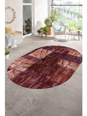 Napoli Home Dijital Kaymaz Yıkanabilir Patchwork Oval Yolluk Mutfak Salon Halısı, N-O-Patchwork-05-Kırmızı,