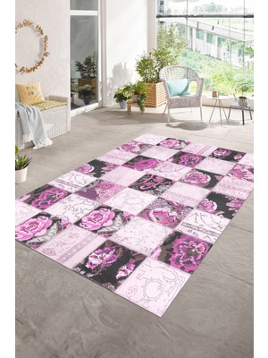 Napoli Home Dijital Baskı Kaymaz Taban Yıkanabilir Patchwork Yolluk Mutfak Salon Halısı, N-Patchwork-19-Pembe,