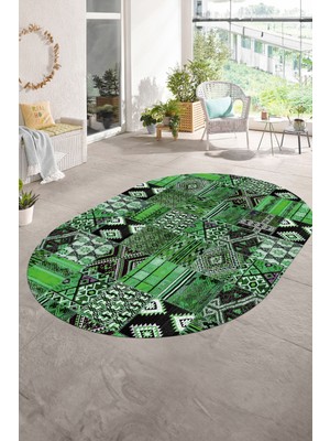 Napoli Home Dijital Kaymaz Yıkanabilir Patchwork Oval Yolluk Mutfak Salon Halısı, N-O-Patchwork-06-Yeşil,
