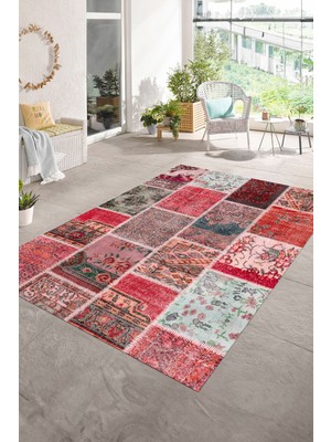 Napoli Home Dijital Baskı Kaymaz Taban Yıkanabilir Patchwork Yolluk Mutfak Salon Halısı, N-Patchwork-04-Kırmızı,
