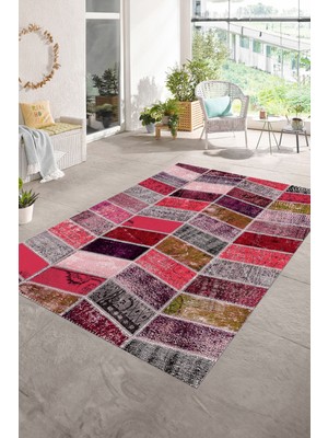 Napoli Home Dijital Baskı Kaymaz Taban Yıkanabilir Patchwork Yolluk Mutfak Salon Halısı, N-Patchwork-10-Kırmızı,