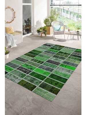 Napoli Home Dijital Baskı Kaymaz Taban Yıkanabilir Patchwork Yolluk Mutfak Salon Halısı, N-Patchwork-09-Yeşil,