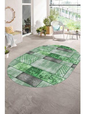 Napoli Home Dijital Kaymaz Yıkanabilir Patchwork Oval Yolluk Mutfak Salon Halısı, N-O-Patchwork-18-Yeşil,