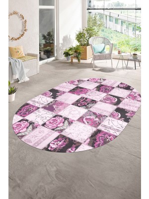 Napoli Home Dijital Kaymaz Yıkanabilir Patchwork Oval Yolluk Mutfak Salon Halısı, N-O-Patchwork-19-Pembe,