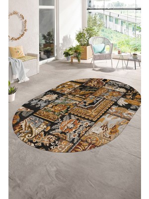 Napoli Home Dijital Kaymaz Yıkanabilir Patchwork Oval Yolluk Mutfak Salon Halısı, N-O-Patchwork-12-Kahve,