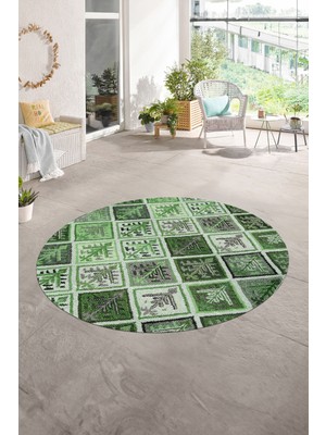 Napoli Home Dijital Kaymaz Yıkanabilir Patchwork Yuvarlak Balkon Mutfak Salon Halısı, N-Y-Patchwork-08-Yeşil,