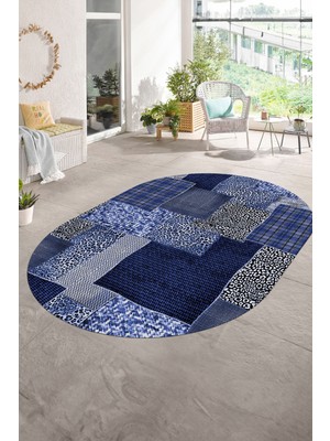 Napoli Home Dijital Kaymaz Yıkanabilir Patchwork Oval Yolluk Mutfak Salon Halısı, N-O-Patchwork-15-Mavi,