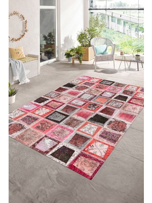 Napoli Home Dijital Baskı Kaymaz Taban Yıkanabilir Patchwork Yolluk Mutfak Salon Halısı, N-Patchwork-14-Kırmızı,