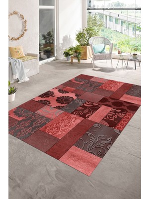 Napoli Home Dijital Baskı Kaymaz Taban Yıkanabilir Patchwork Yolluk Mutfak Salon Halısı, N-Patchwork-16-Kırmızı,