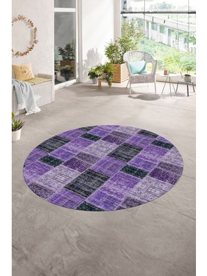 Napoli Home Dijital Kaymaz Yıkanabilir Patchwork Yuvarlak Balkon Mutfak Salon Halısı, N-Y-Patchwork-07-Mor,