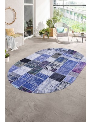 Napoli Home Dijital Kaymaz Yıkanabilir Patchwork Oval Yolluk Mutfak Salon Halısı, N-O-Patchwork-03-Mavi,