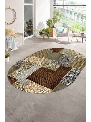 Napoli Home Dijital Kaymaz Yıkanabilir Patchwork Oval Yolluk Mutfak Salon Halısı, N-O-Patchwork-15-Kahve,