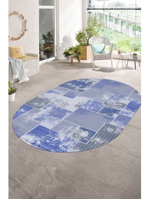 Napoli Home Dijital Kaymaz Yıkanabilir Patchwork Oval Yolluk Mutfak Salon Halısı, N-O-Patchwork-20-Mavi,
